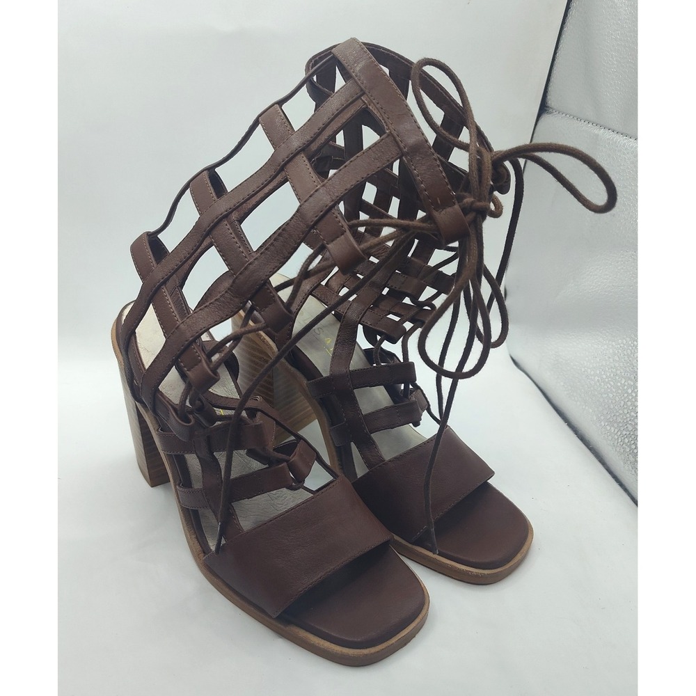 Sol Sana Gladiater Block Heels Size 38 Brown Strappy Caged Tie Sandal Shoes US 7